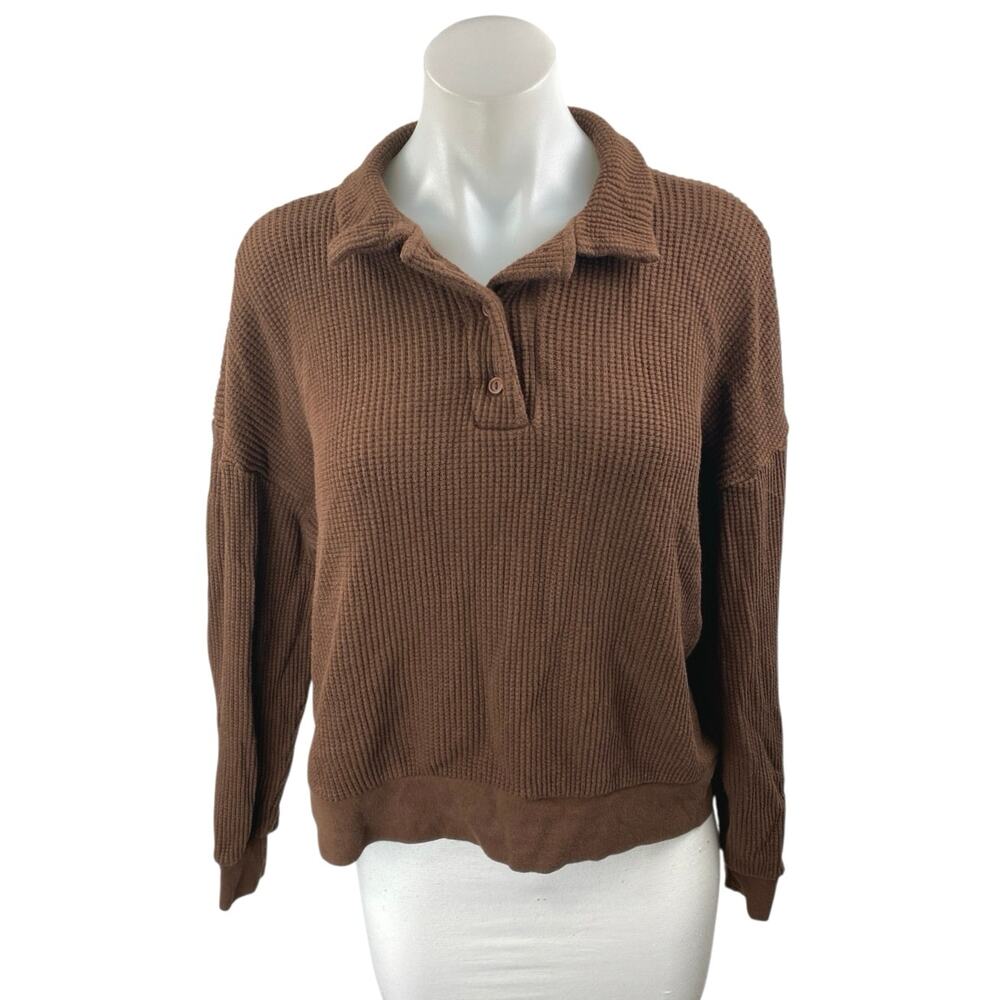 Set Active Women's Brown Long Sleeve Waffle Knit Thermal Polo Sweater Top Size L